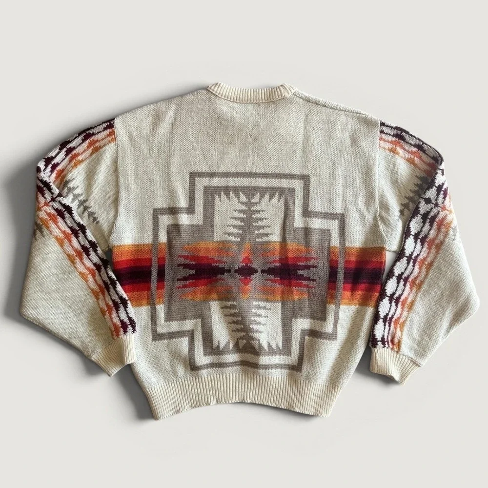 Vintage Pendleton Sweater Mens XL Cream Southwest Geometric Wool Pullover USA